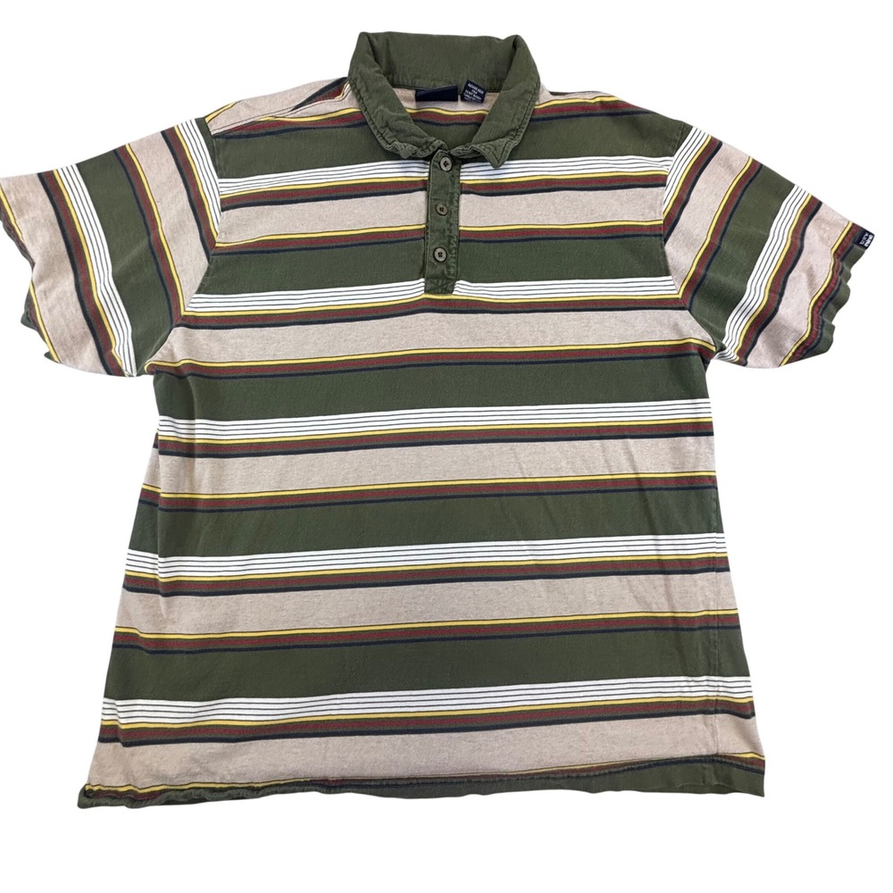 Transnine Polo Shirt Men's XL Green Tan Striped Short Sleeve Cotton Casual Retro